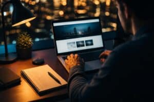 Persona al lavoro di sera su un laptop con un sito web aperto, accanto a un quaderno con una checklist di regole SEO