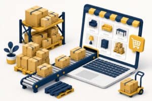 Illustrazione isometrica di scatoloni su un nastro trasportatore che arrivano a un laptop con il catalogo di un negozio online, simbolo dell'e-commerce B2B