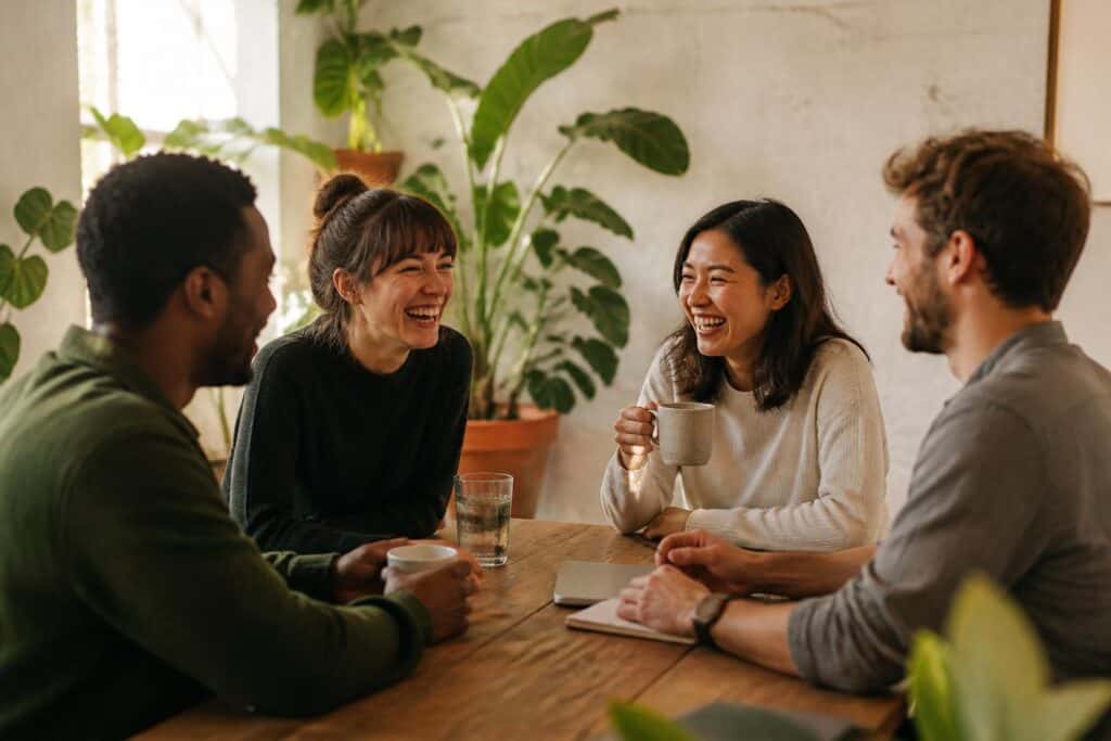 Quattro colleghi sorridenti seduti a un tavolo di legno in uno studio luminoso, immagine che rappresenta il team dietro la pagina Chi Siamo di un'azienda