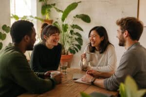 Quattro colleghi sorridenti seduti a un tavolo di legno in uno studio luminoso, immagine che rappresenta il team dietro la pagina Chi Siamo di un'azienda