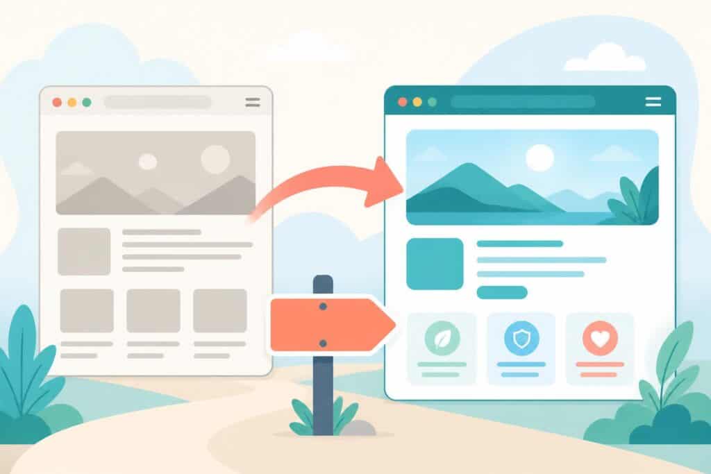Illustrazione di una vecchia pagina web collegata da una freccia a una nuova pagina web, con un cartello stradale che indica la direzione del redirect