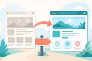 Illustrazione di una vecchia pagina web collegata da una freccia a una nuova pagina web, con un cartello stradale che indica la direzione del redirect