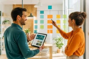 Due professionisti in un ufficio luminoso pianificano la struttura di un sito web aziendale con post-it su una parete di vetro e un tablet con la homepage